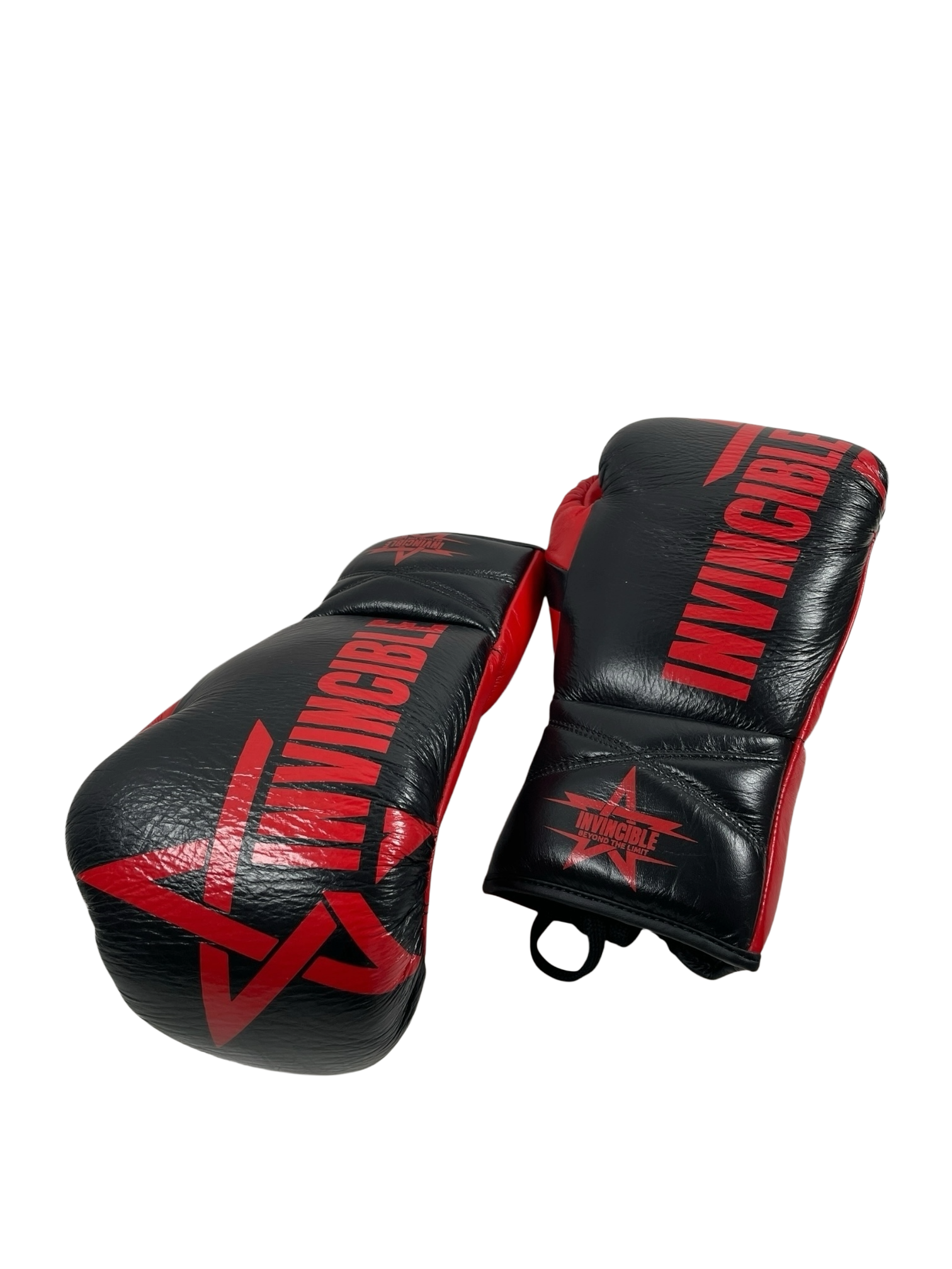 Gants de boxe Zenata 10oz — cuir de grain supérieur noir à lacets, étoile rouge, Invincible