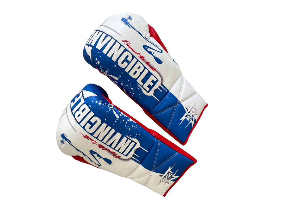Gants de boxe Tricolore 16oz à lacets : édition française bleu blanc rouge, cuir de grain supérieur, Invincible