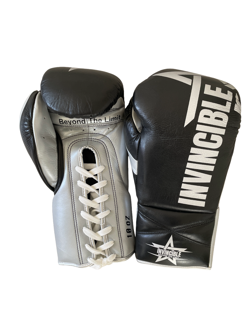 Gants de boxe Aswad 10oz — cuir de grain supérieur noir à lacets, étoile blanche, Invincible