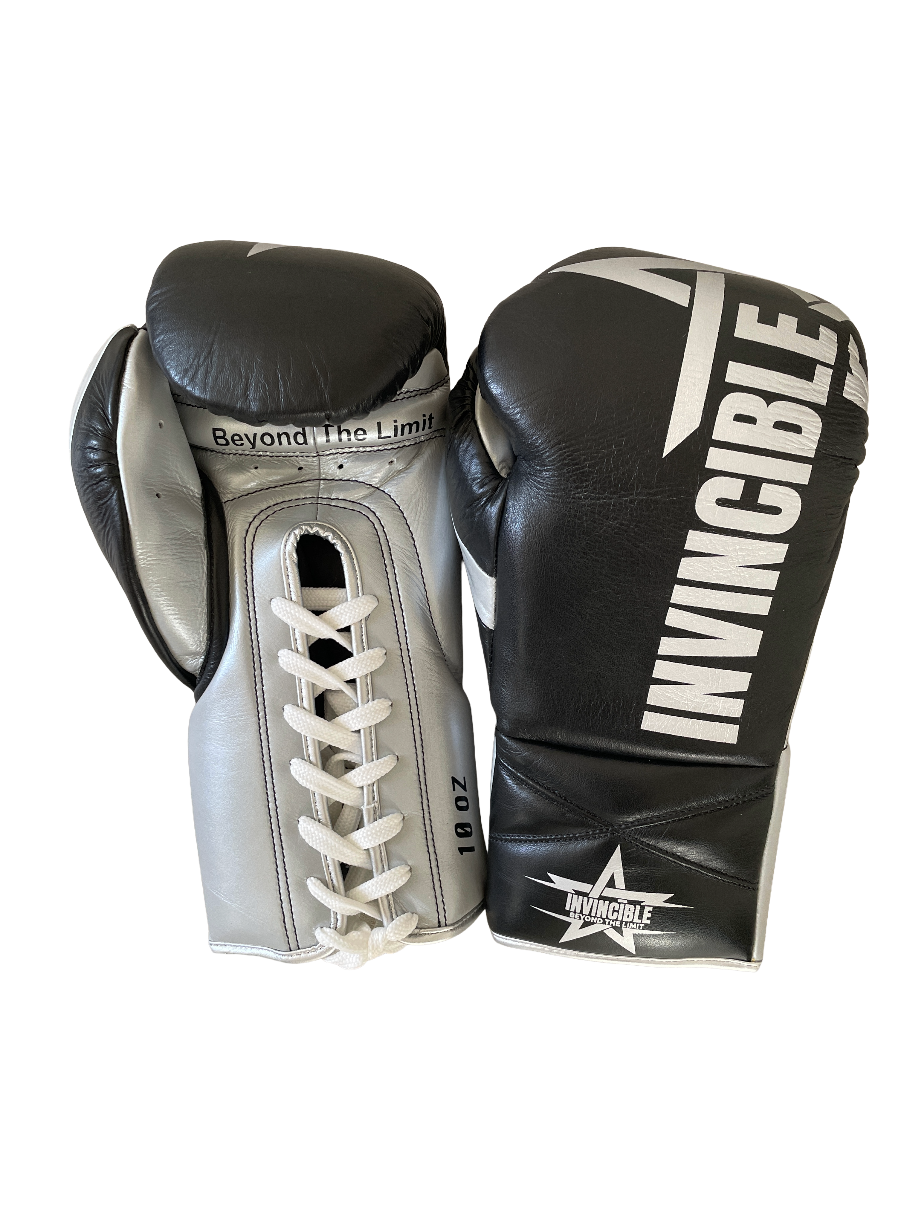 Gants de boxe Aswad 10oz — cuir de grain supérieur noir à lacets, étoile blanche, Invincible