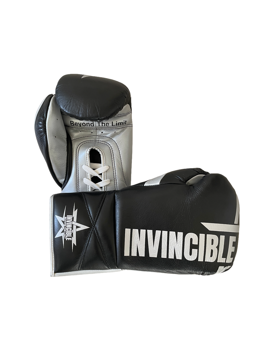 Gants de boxe Aswad 10oz — cuir de grain supérieur noir à lacets, étoile blanche, Invincible