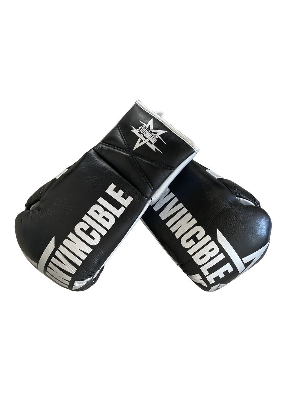 Gants de boxe Aswad 10oz — cuir de grain supérieur noir à lacets, étoile blanche, Invincible