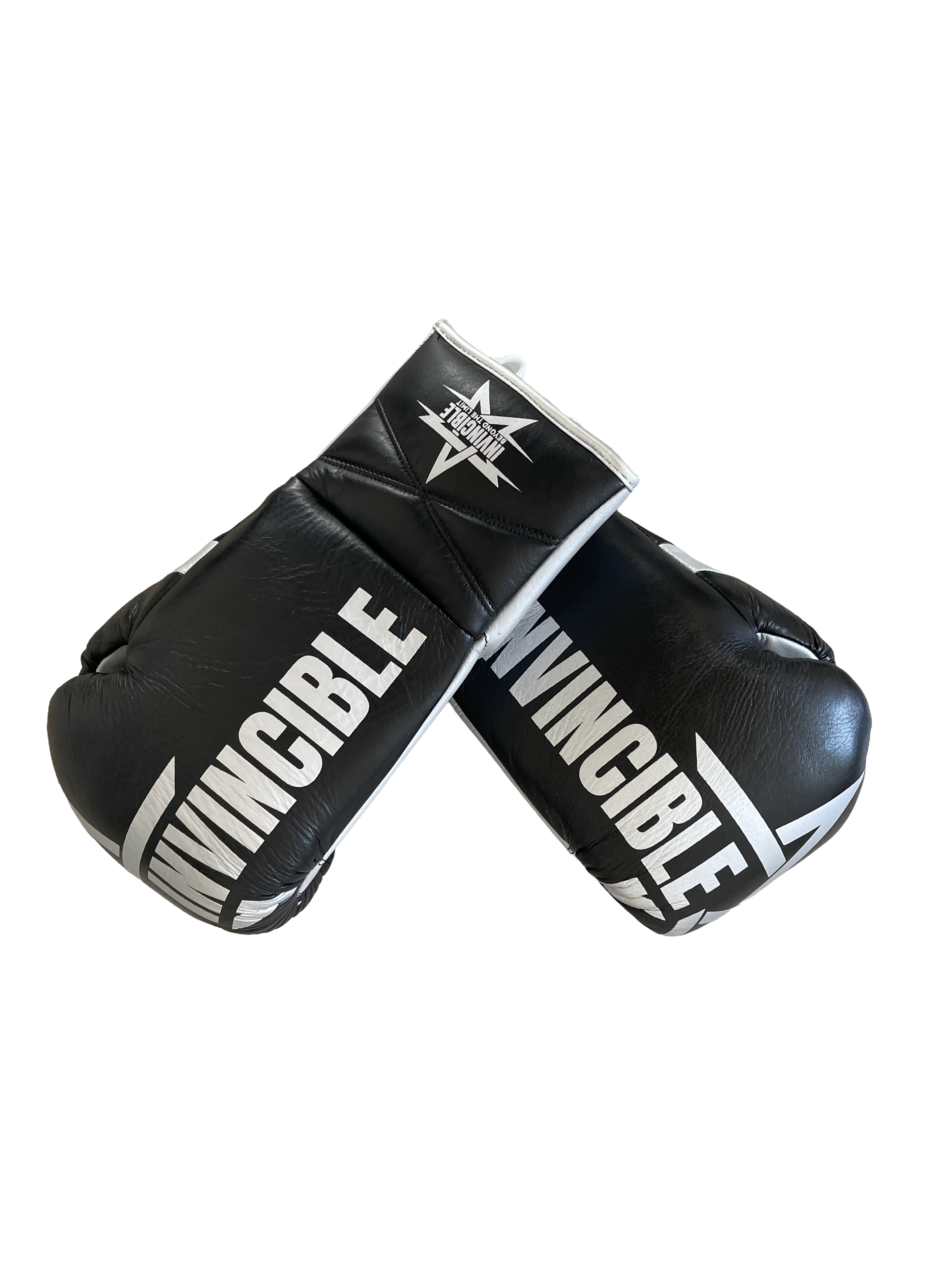 Gants de boxe Aswad 10oz — cuir de grain supérieur noir à lacets, étoile blanche, Invincible