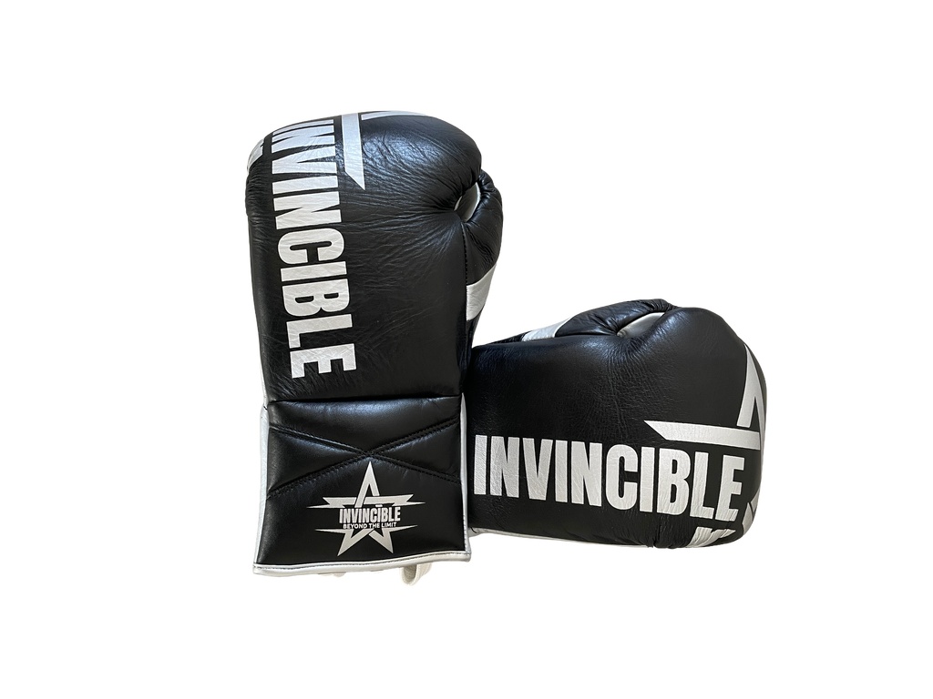 Gants de boxe Aswad 10oz — cuir de grain supérieur noir à lacets, étoile blanche, Invincible