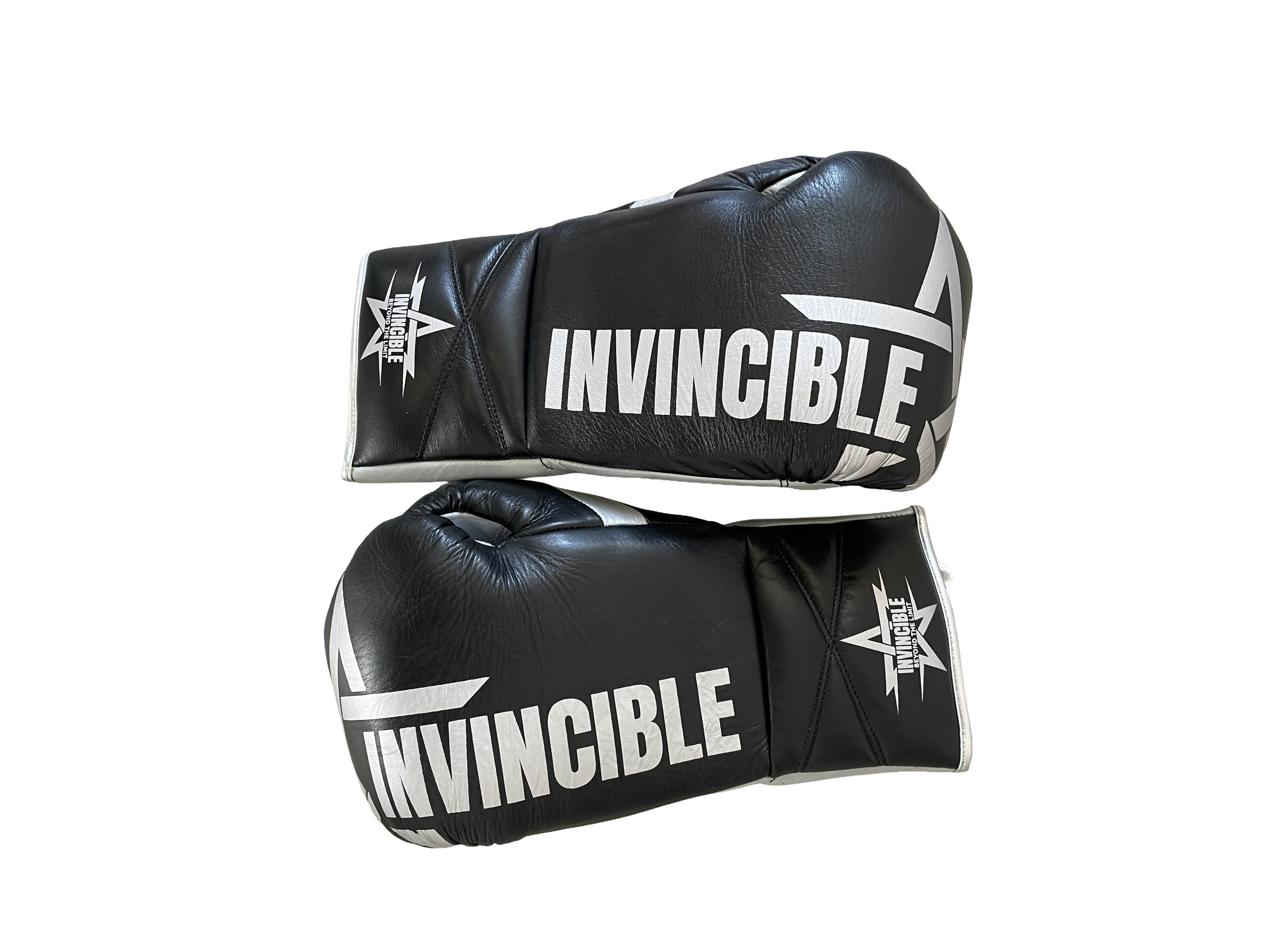 Gants de boxe Aswad 10oz — cuir de grain supérieur noir à lacets, étoile blanche, Invincible