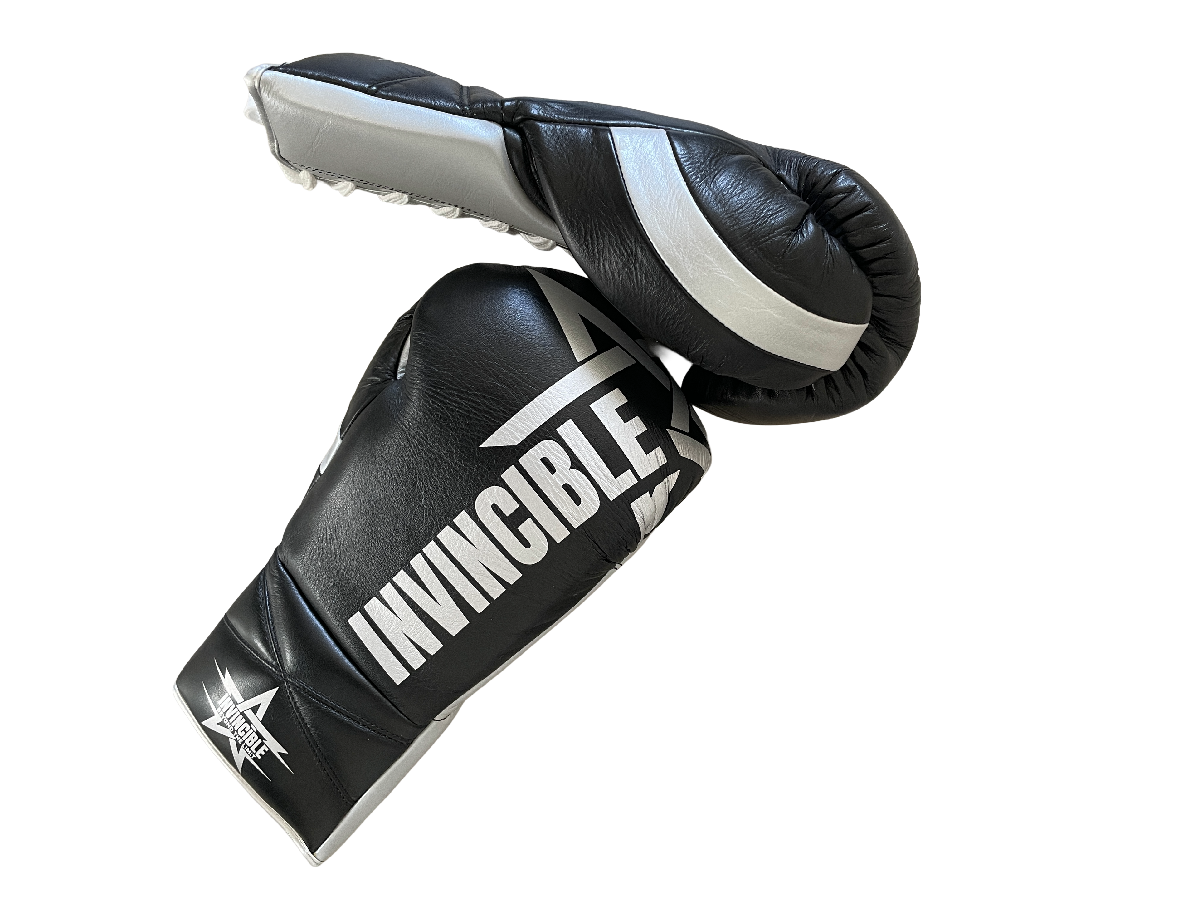Gants de boxe Aswad 10oz — cuir de grain supérieur noir à lacets, étoile blanche, Invincible