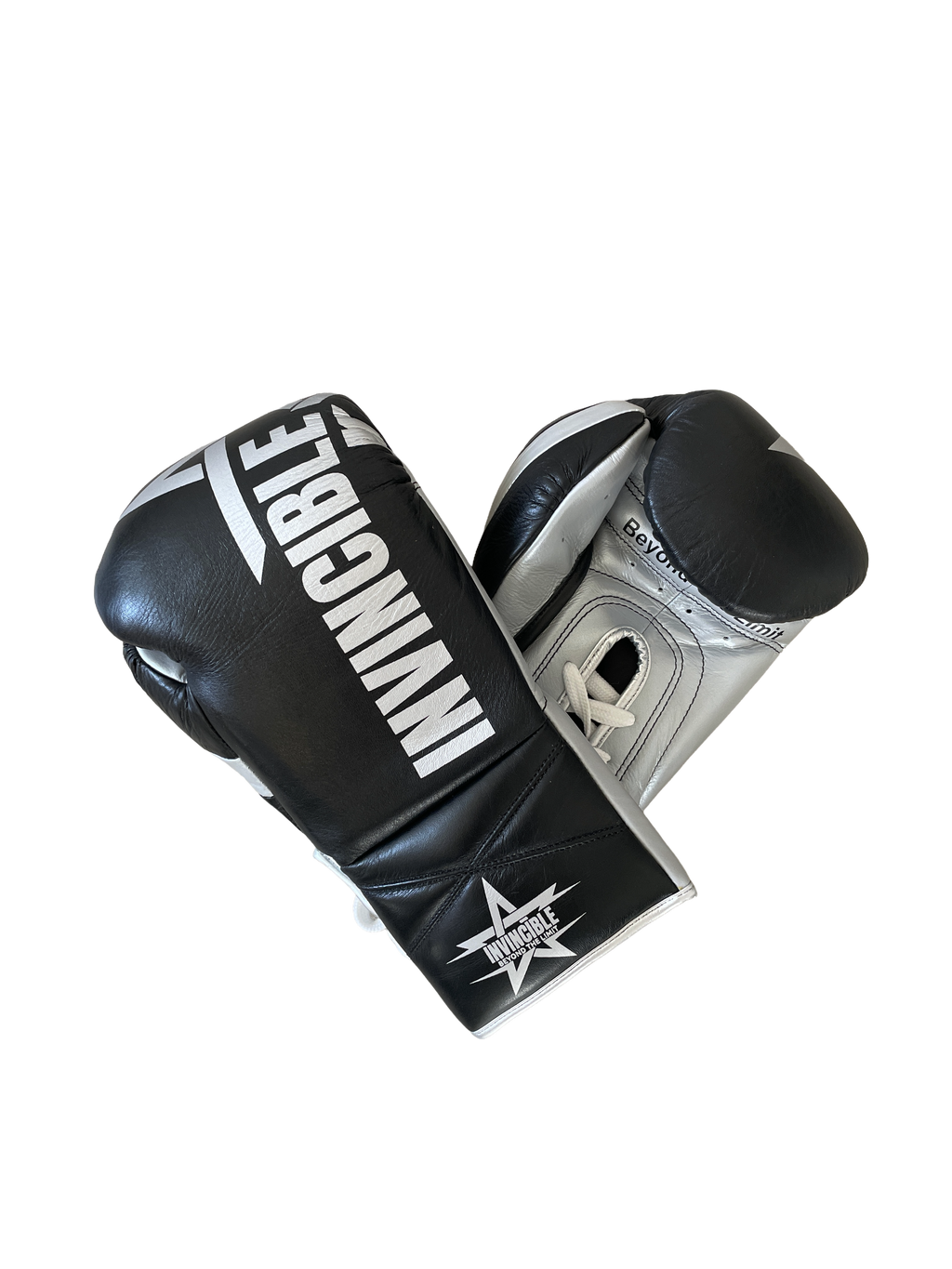 Gants de boxe Aswad 10oz — cuir de grain supérieur noir à lacets, étoile blanche, Invincible