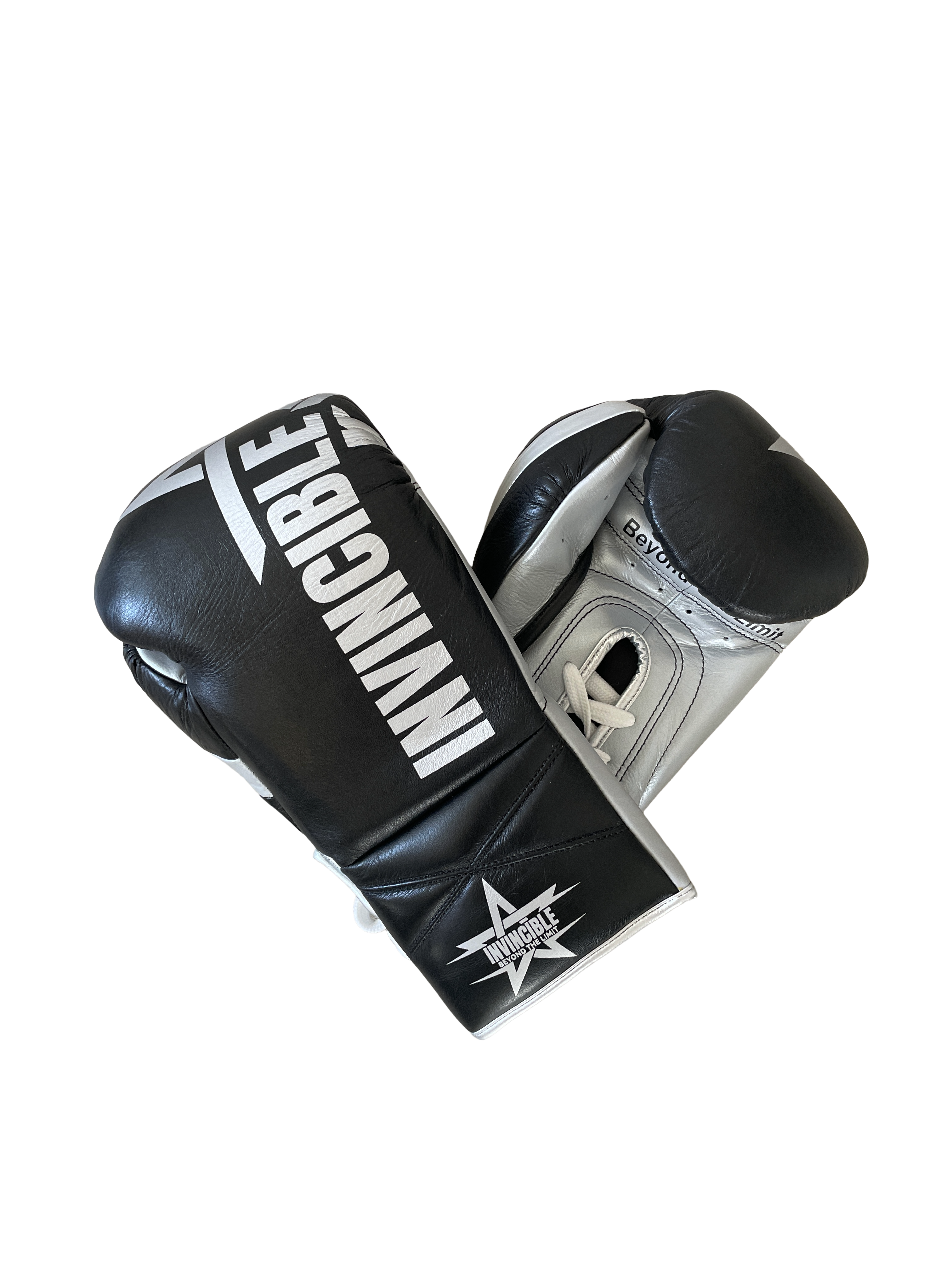 Gants de boxe Aswad 10oz — cuir de grain supérieur noir à lacets, étoile blanche, Invincible