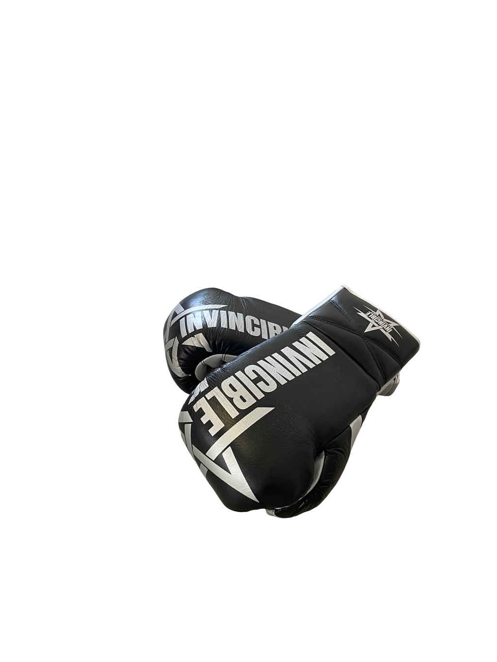 Gants de boxe Aswad 10oz — cuir de grain supérieur noir à lacets, étoile blanche, Invincible