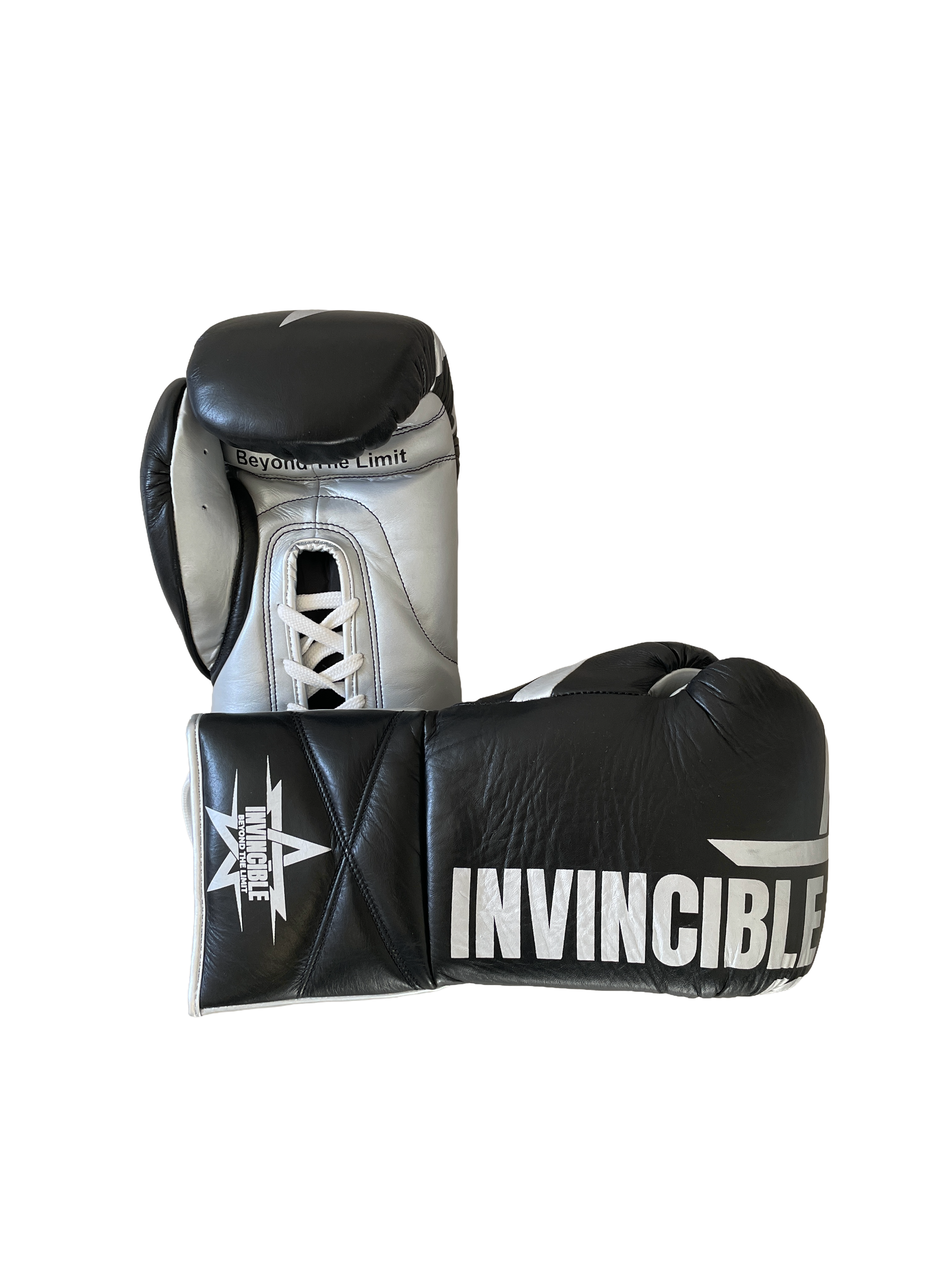 Gants de boxe Aswad 16oz — cuir de grain supérieur noir à lacets, étoile blanche, Invincible