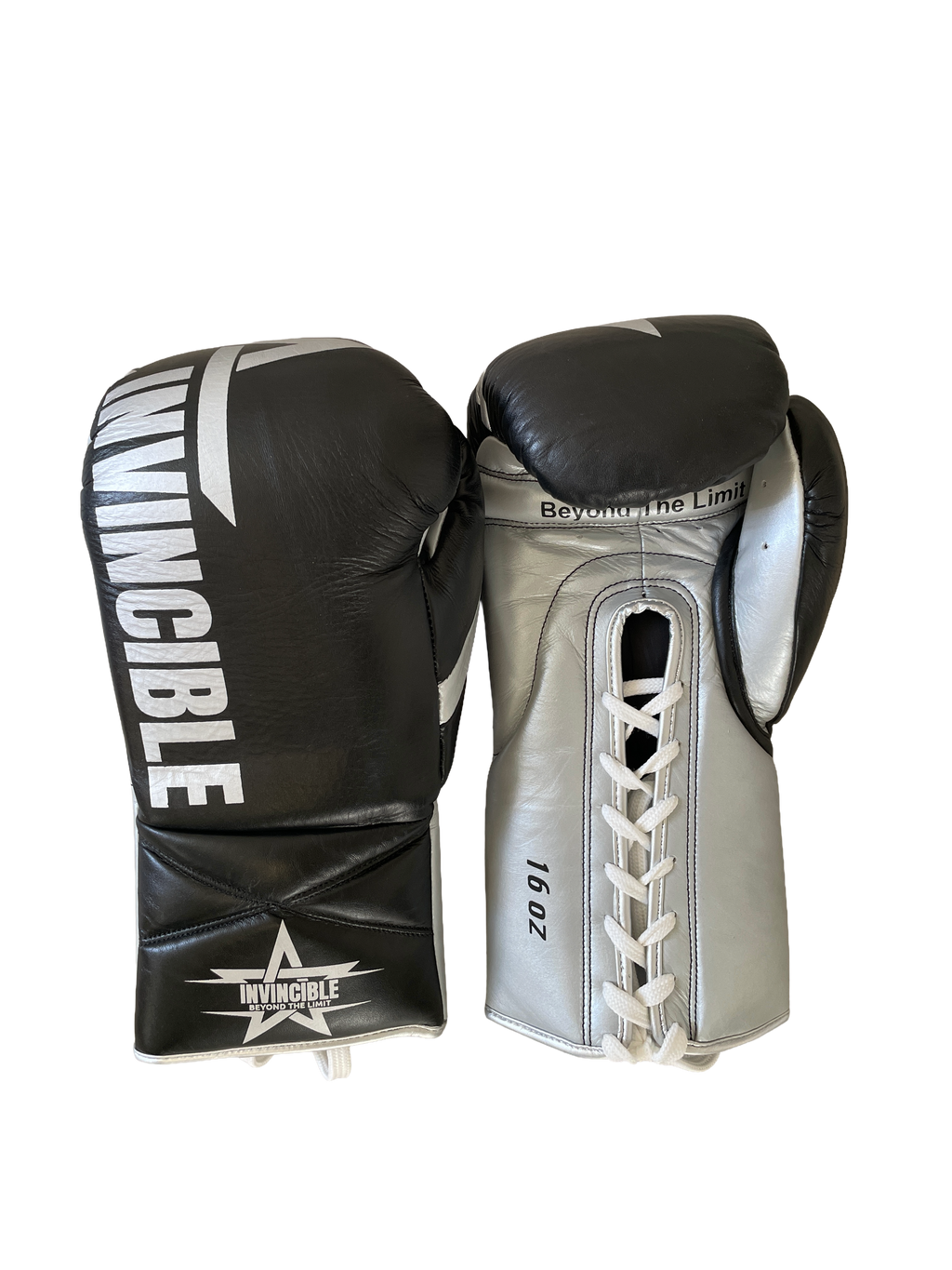 Gants de boxe Aswad 16oz — cuir de grain supérieur noir à lacets, étoile blanche, Invincible