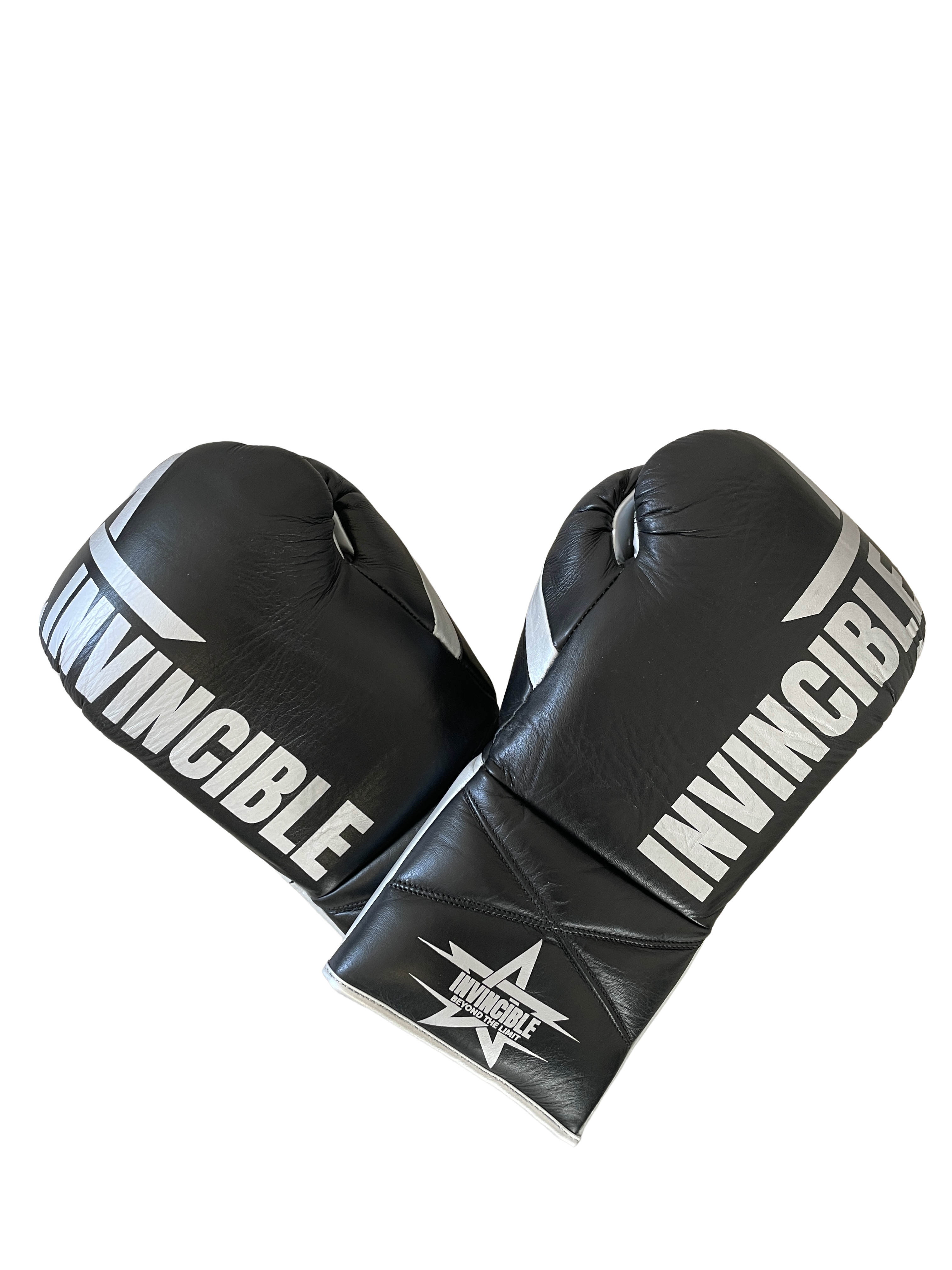 Gants de boxe Aswad 16oz — cuir de grain supérieur noir à lacets, étoile blanche, Invincible