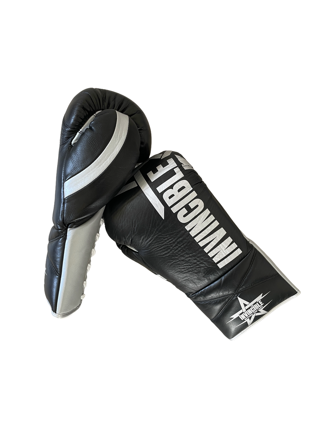 Gants de boxe Aswad 16oz — cuir de grain supérieur noir à lacets, étoile blanche, Invincible