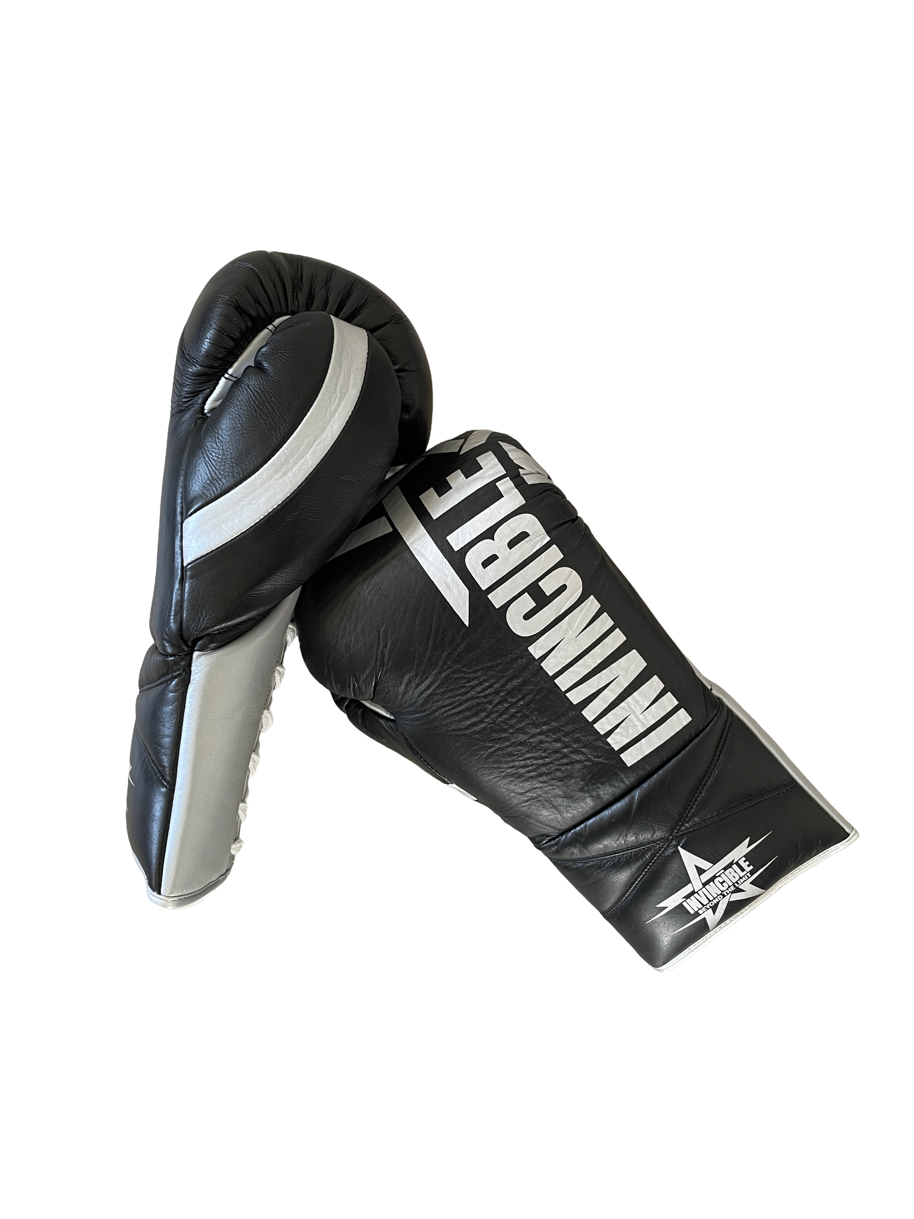 Gants de boxe Aswad 16oz — cuir de grain supérieur noir à lacets, étoile blanche, Invincible