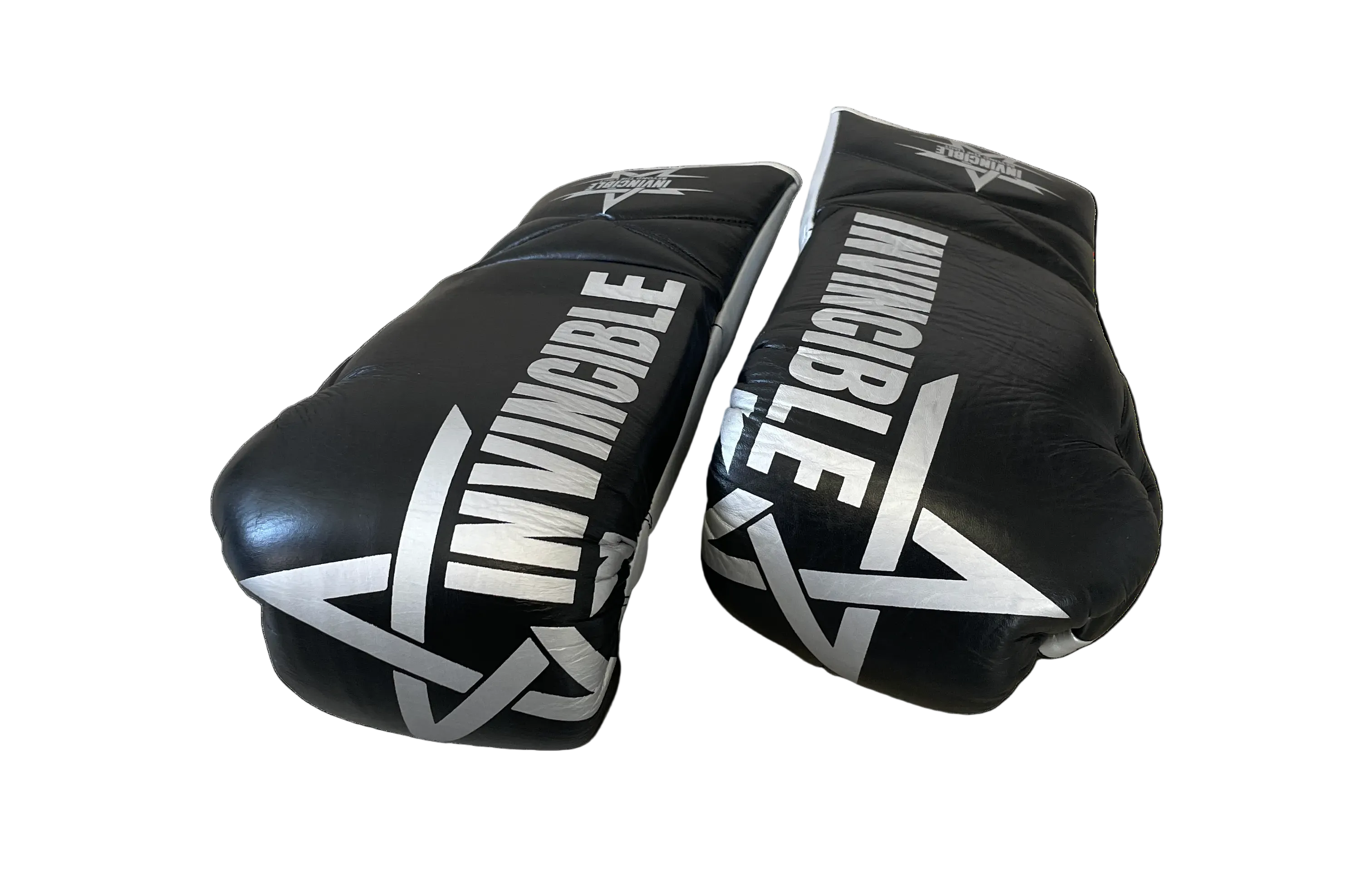 Gants de boxe Aswad 16oz — cuir de grain supérieur noir à lacets, étoile blanche, Invincible