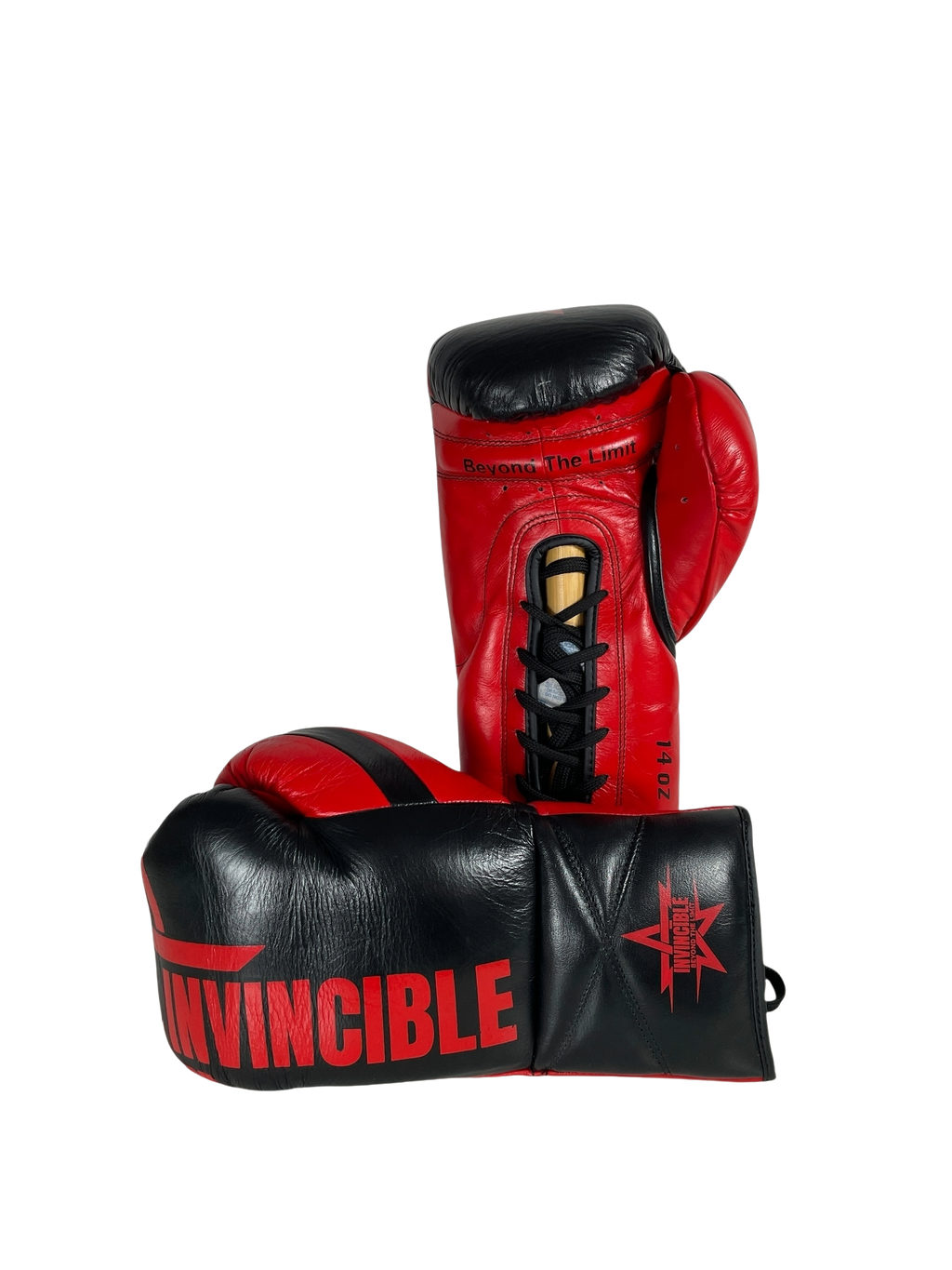 Gants de boxe Zenata 14oz à lacets : cuir de grain supérieur noir, étoile rouge, Invincible