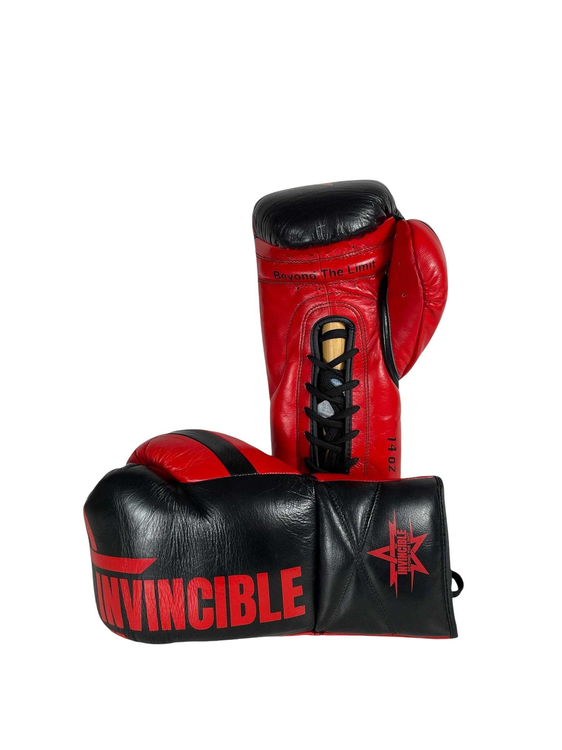 Gants de boxe Zenata 14oz à lacets : cuir de grain supérieur noir, étoile rouge, Invincible