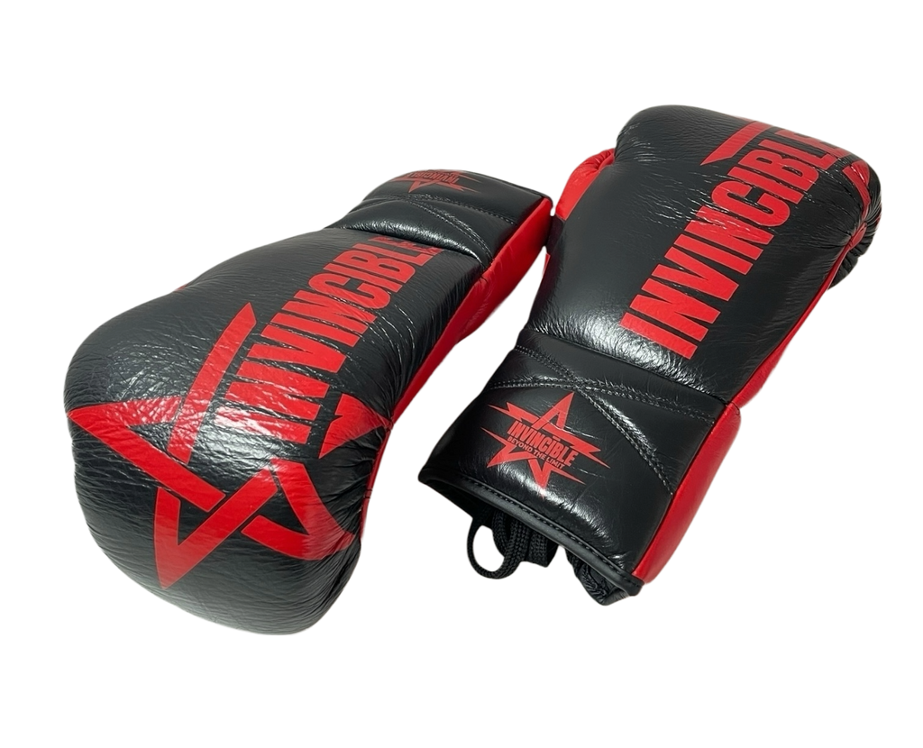 Gants de boxe Zenata — cuir de grain supérieur noir à lacets, Invincible
