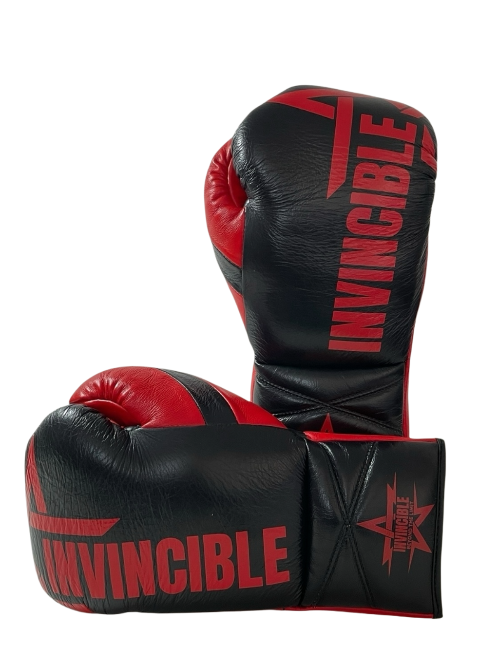 Gants de boxe Zenata 14oz à lacets : cuir de grain supérieur noir, étoile rouge, Invincible