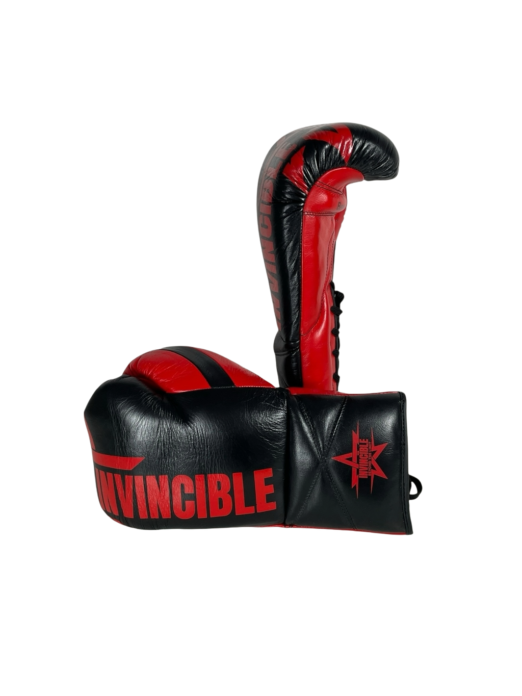 Gants de boxe Zenata 14oz à lacets : cuir de grain supérieur noir, étoile rouge, Invincible