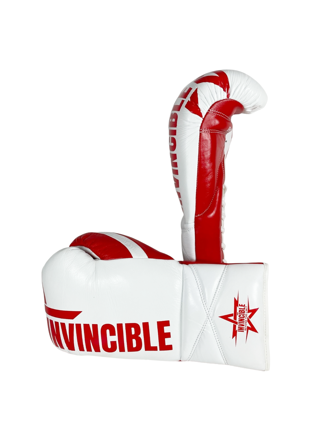 Gants de boxe Almoravid 10oz — cuir de grain supérieur blanc à lacets, étoile rouge, Invincible