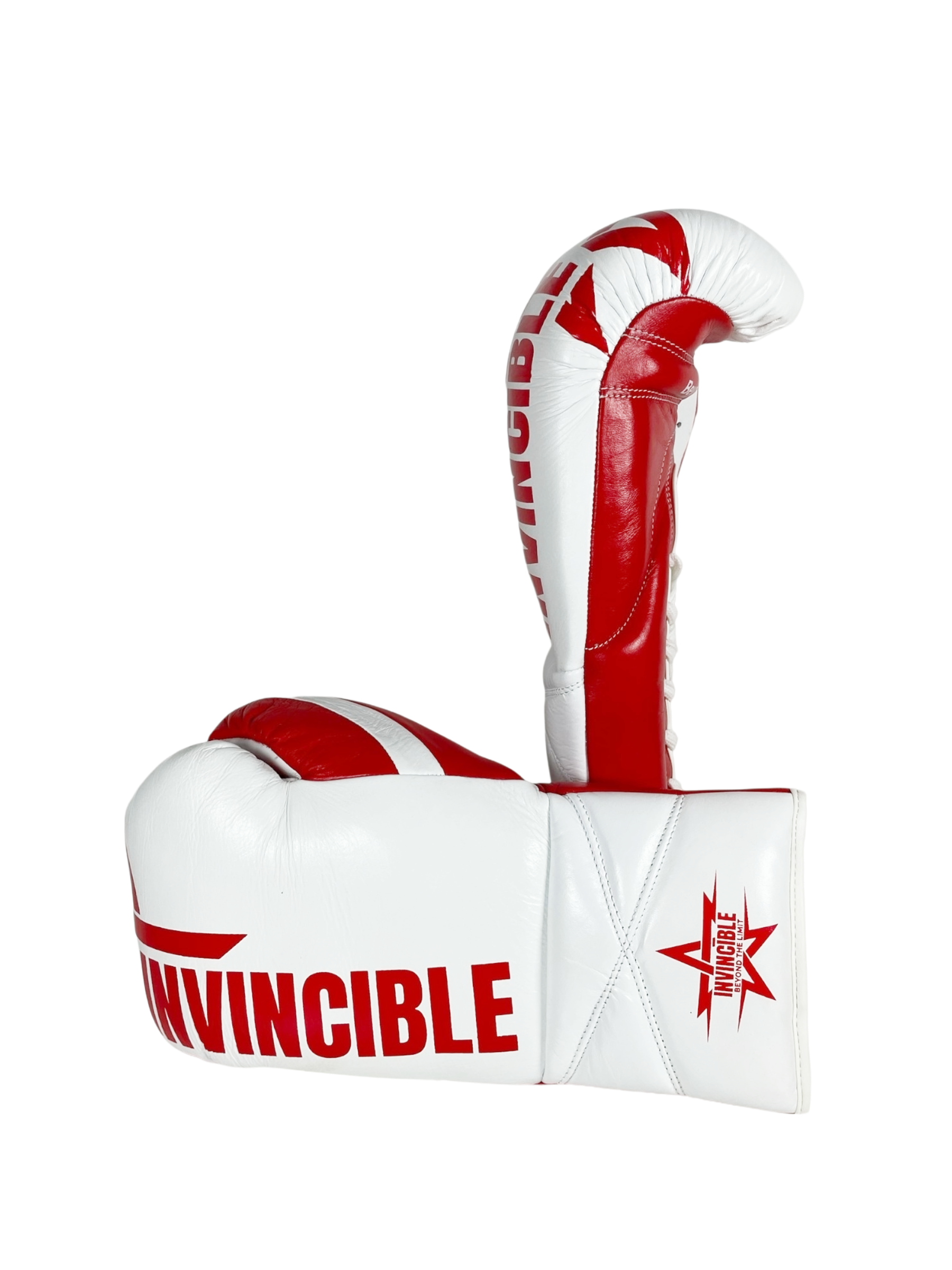 Gants de boxe Almoravid 10oz — cuir de grain supérieur blanc à lacets, étoile rouge, Invincible