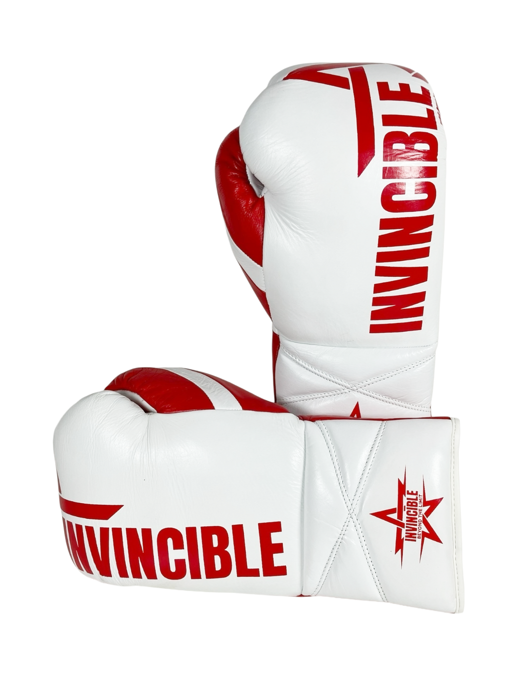 Gants de boxe Almoravid 14oz — cuir de grain supérieur blanc à lacets, étoile rouge, Invincible