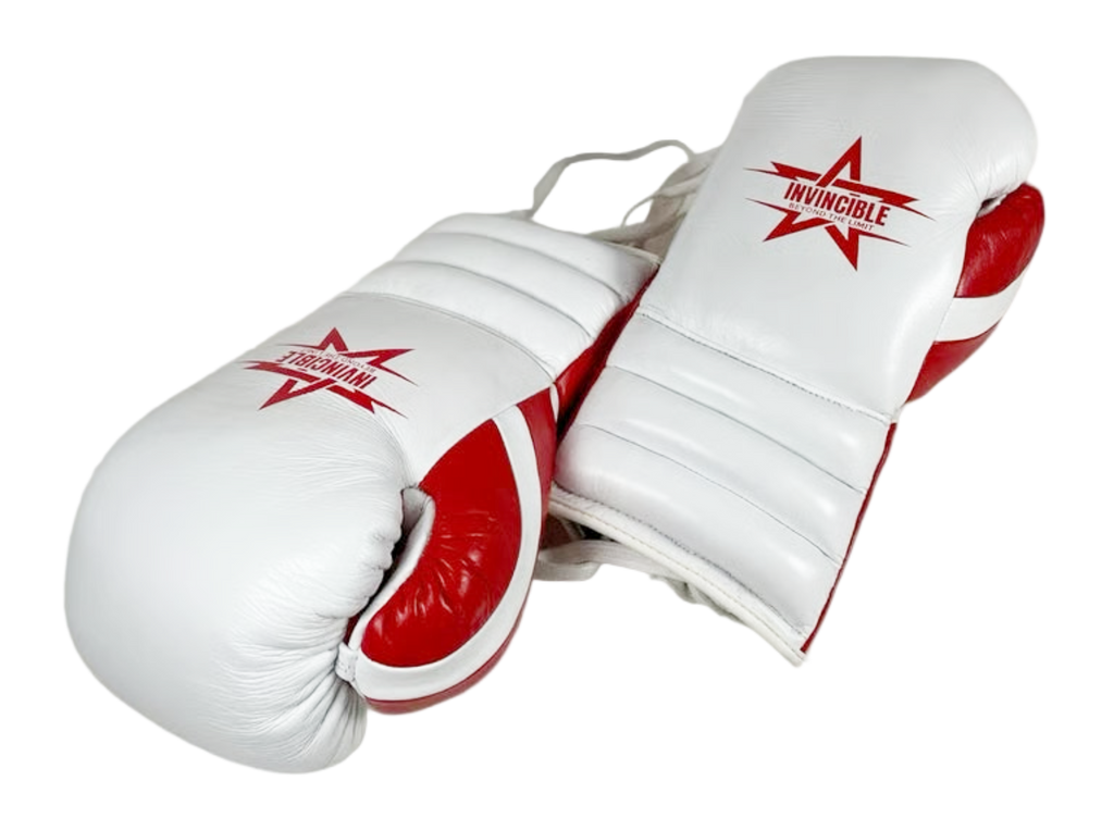 Gants de boxe Almoravid 16oz Triple Cuff à lacets : cuir de grain supérieur blanc, Invincible