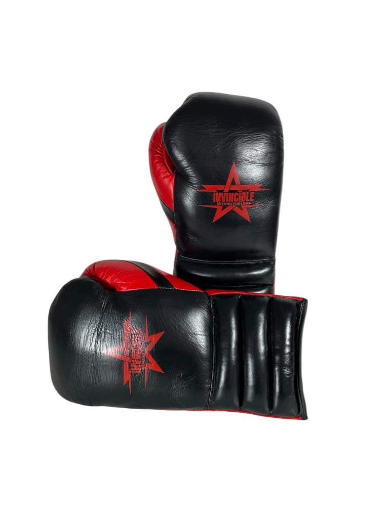 Gants de boxe Zenata 16oz Triple Cuff — cuir de grain supérieur noir à lacets, Invincible